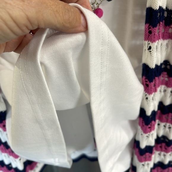 Alfred Dunner Crochet Striped raspberry blue & white open Cardigan Long Sleeve M - Picture 10 of 14